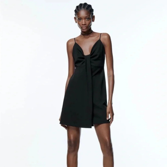 Zara Knotted Black Mini Dress Spaghetti Straps size Large - Picture 1 of 10